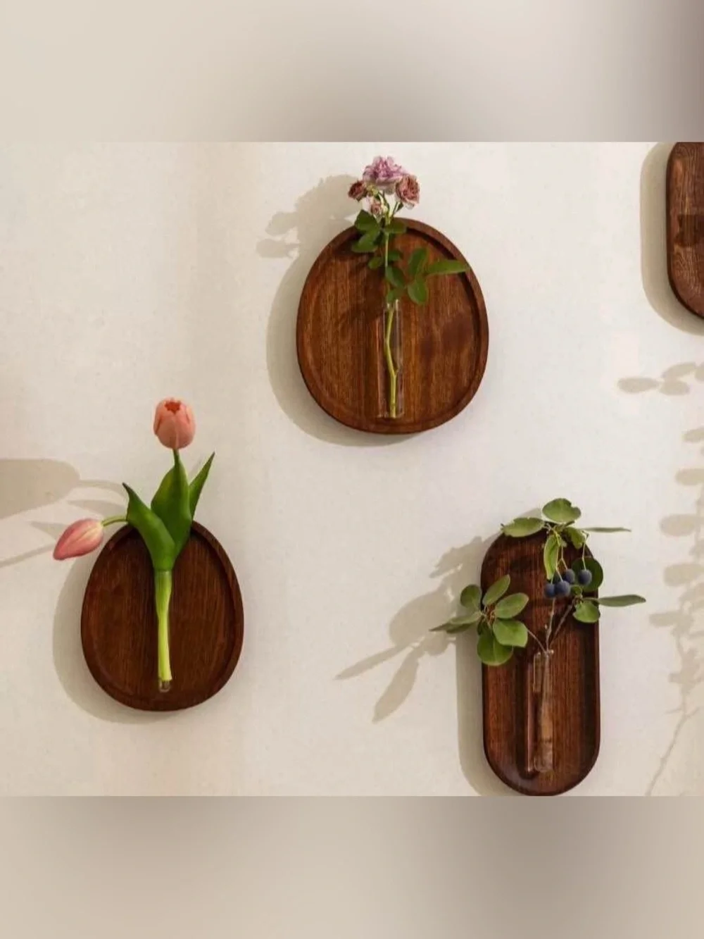7-Piece Wooden Oval Wall Vase Set with Glass Tubes – Brown